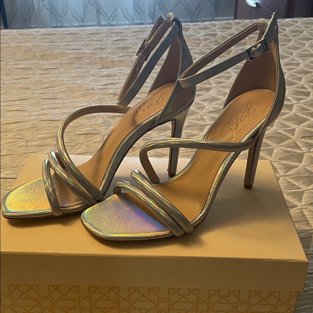 Jewel Badgley Mischka Holographic Strappy Heels